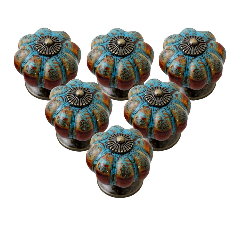 IEIK Cabinet Knobs 6 Pack Glazed Ceramic Knobs with Pumpkin Shape for Decor Door Pull Handle for Vintage Cabinet Drawers, Closets, Cupboard (Blue) - Image 1